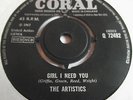 THE ARTISTICS   GIRL I NEED YOU ** 1967 CORAL 45 MINT- Northern