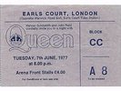 QUEEN : A Day At The Races 1977 Earls Court London UK Tour Concert Ticket Stub