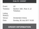 2 X U2 tickets Joshua Tree Tour Amsterdam Sun 30th July 2017 Staanplaatsen area