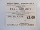 PAUL KOSSOFF TICKET B/HAM TOWN HALL 1975