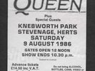QUEEN  :  1986 KNEBWORTH CONCERT TICKET STUB - MAGIC TOUR - FREDDIE MERCURY
