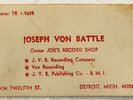 JVB Recording Co original business card JOSEPH VON BATTLE Detroit 78 RPM Label