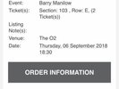 Music fans - pair of Barry Manilow Tickets (2) Live At The 02 on 6th Sept 2018