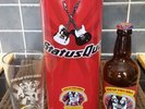 COLLECTABLE STATUS QUO TWO DOGS  TIN - PINT GLASS & EMPTY 500ML BEER BOTTLE