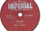 1959 RICKY NELSON Rock'n Roll 78 RPM Record. It's Late