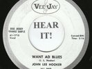 John Lee Hooker BLUES 45 (VeeJay 397 PROMO) Want Ad Blues /Take Me As I Am MINT-
