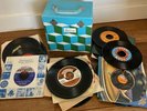 Vtg Blue Green Platter Pak Case with 56 1960's & 70's Rock Pop 45 RPM Records