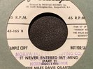 rare PROMO Jazz 45 Miles Davis Quartet - It Never Entered My Mind - Prestige NM-