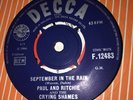 PAUL RITCHIE CRYING SHAMES 'SEPTEMBER IN THE RAIN' EX+  1st PRESS 7” 1966 RGM 45